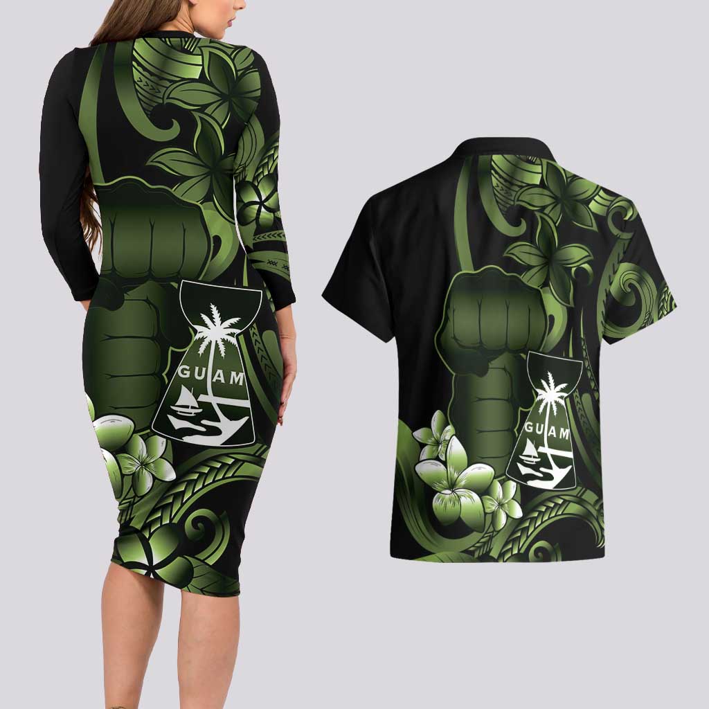 Green Hafa Adai Guam Couples Matching Long Sleeve Bodycon Dress and Hawaiian Shirt Chamorro Latte Stone Hand With Plumeria LT14 - Polynesian Pride