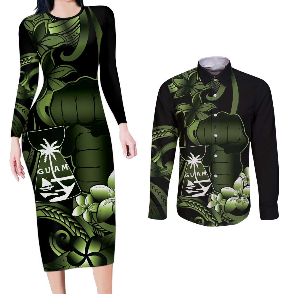 Green Hafa Adai Guam Couples Matching Long Sleeve Bodycon Dress and Long Sleeve Button Shirt Chamorro Latte Stone Hand With Plumeria LT14 Green - Polynesian Pride