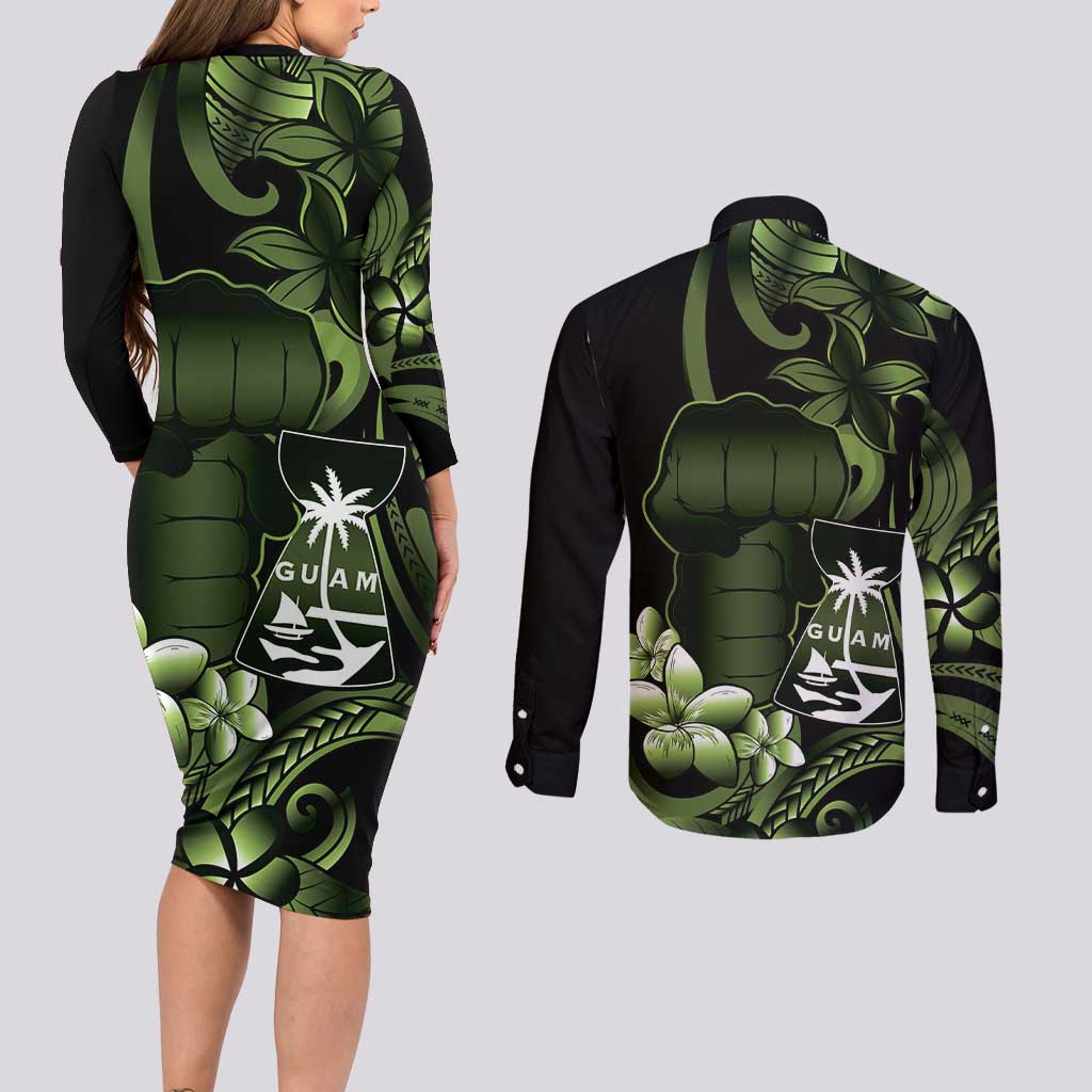Green Hafa Adai Guam Couples Matching Long Sleeve Bodycon Dress and Long Sleeve Button Shirt Chamorro Latte Stone Hand With Plumeria LT14 - Polynesian Pride