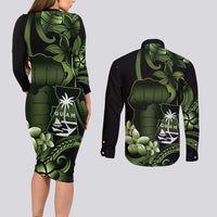Green Hafa Adai Guam Couples Matching Long Sleeve Bodycon Dress and Long Sleeve Button Shirt Chamorro Latte Stone Hand With Plumeria LT14 - Polynesian Pride