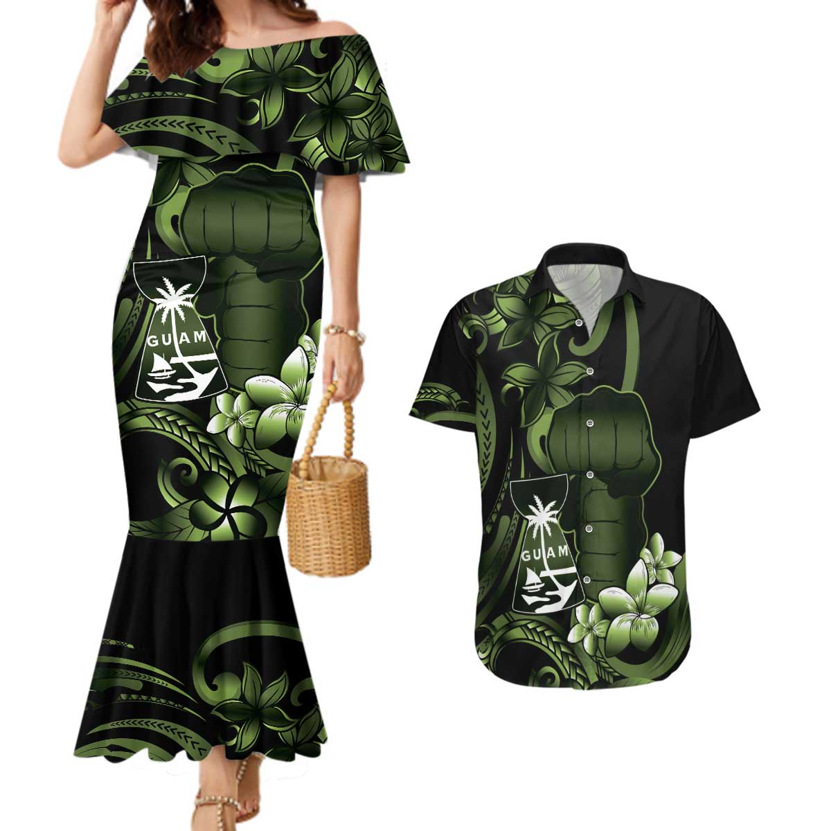Green Hafa Adai Guam Couples Matching Mermaid Dress and Hawaiian Shirt Chamorro Latte Stone Hand With Plumeria LT14 Green - Polynesian Pride