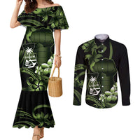 Green Hafa Adai Guam Couples Matching Mermaid Dress and Long Sleeve Button Shirt Chamorro Latte Stone Hand With Plumeria LT14 Green - Polynesian Pride