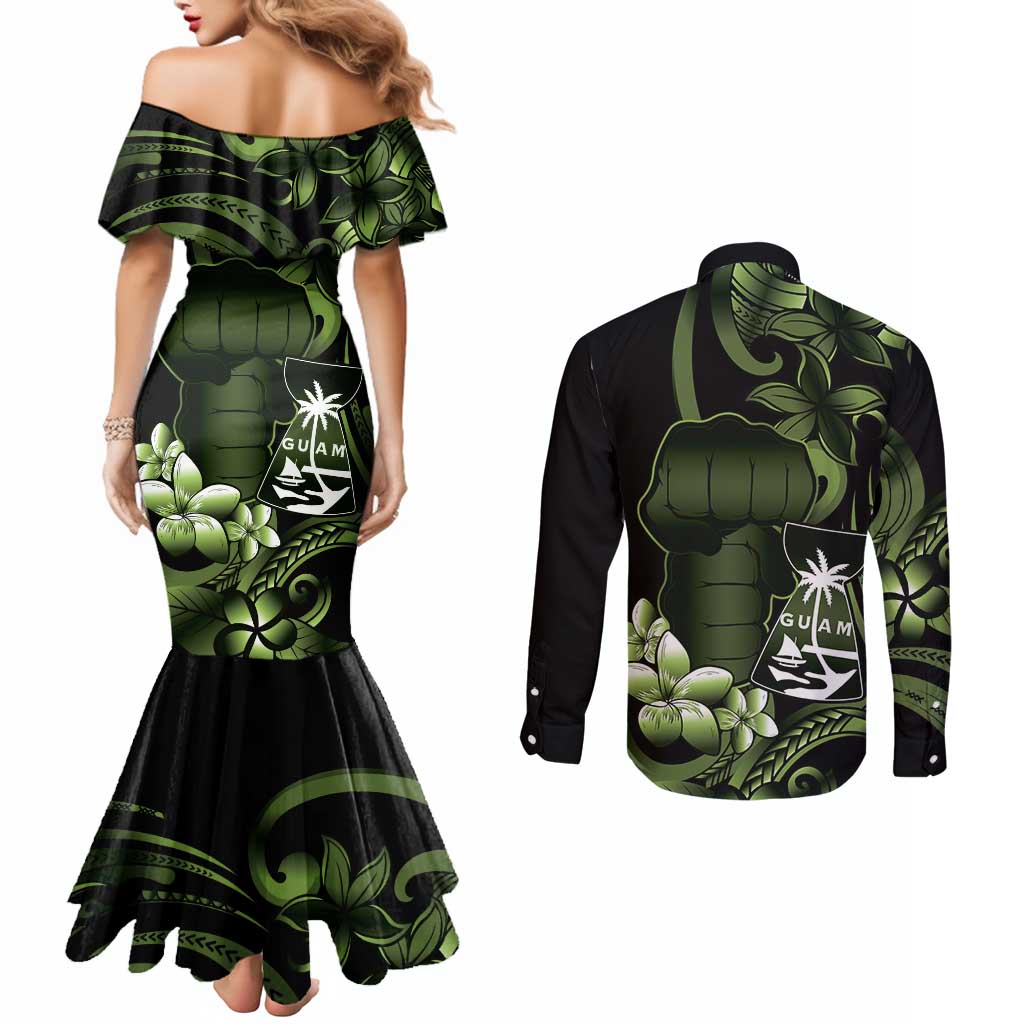 Green Hafa Adai Guam Couples Matching Mermaid Dress and Long Sleeve Button Shirt Chamorro Latte Stone Hand With Plumeria LT14 - Polynesian Pride