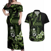 Green Hafa Adai Guam Couples Matching Off Shoulder Maxi Dress and Hawaiian Shirt Chamorro Latte Stone Hand With Plumeria LT14 Green - Polynesian Pride