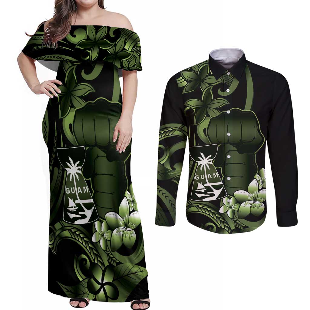Green Hafa Adai Guam Couples Matching Off Shoulder Maxi Dress and Long Sleeve Button Shirt Chamorro Latte Stone Hand With Plumeria LT14 Green - Polynesian Pride