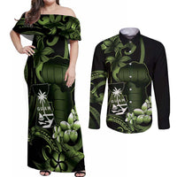 Green Hafa Adai Guam Couples Matching Off Shoulder Maxi Dress and Long Sleeve Button Shirt Chamorro Latte Stone Hand With Plumeria LT14 Green - Polynesian Pride