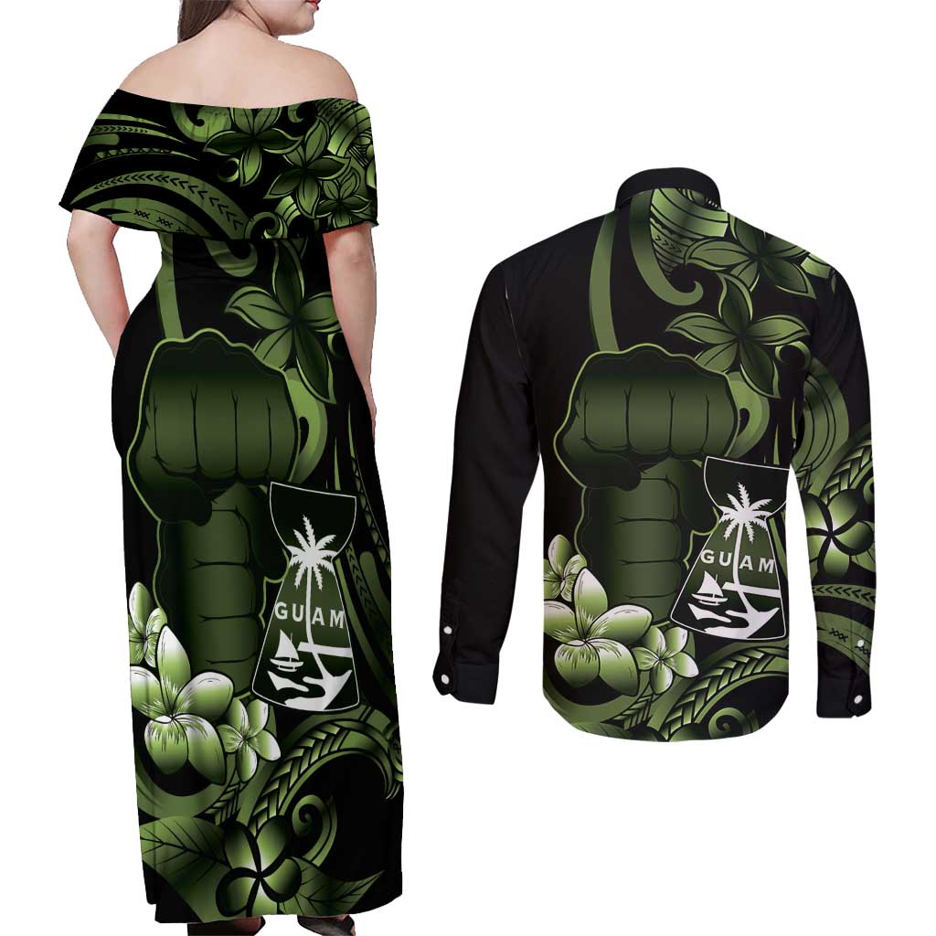 Green Hafa Adai Guam Couples Matching Off Shoulder Maxi Dress and Long Sleeve Button Shirt Chamorro Latte Stone Hand With Plumeria LT14 - Polynesian Pride