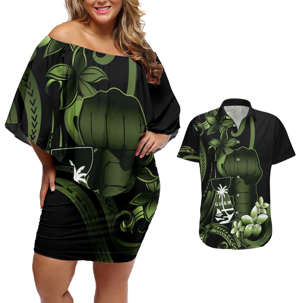Green Hafa Adai Guam Couples Matching Off Shoulder Short Dress and Hawaiian Shirt Chamorro Latte Stone Hand With Plumeria LT14 Green - Polynesian Pride