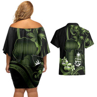 Green Hafa Adai Guam Couples Matching Off Shoulder Short Dress and Hawaiian Shirt Chamorro Latte Stone Hand With Plumeria LT14 - Polynesian Pride