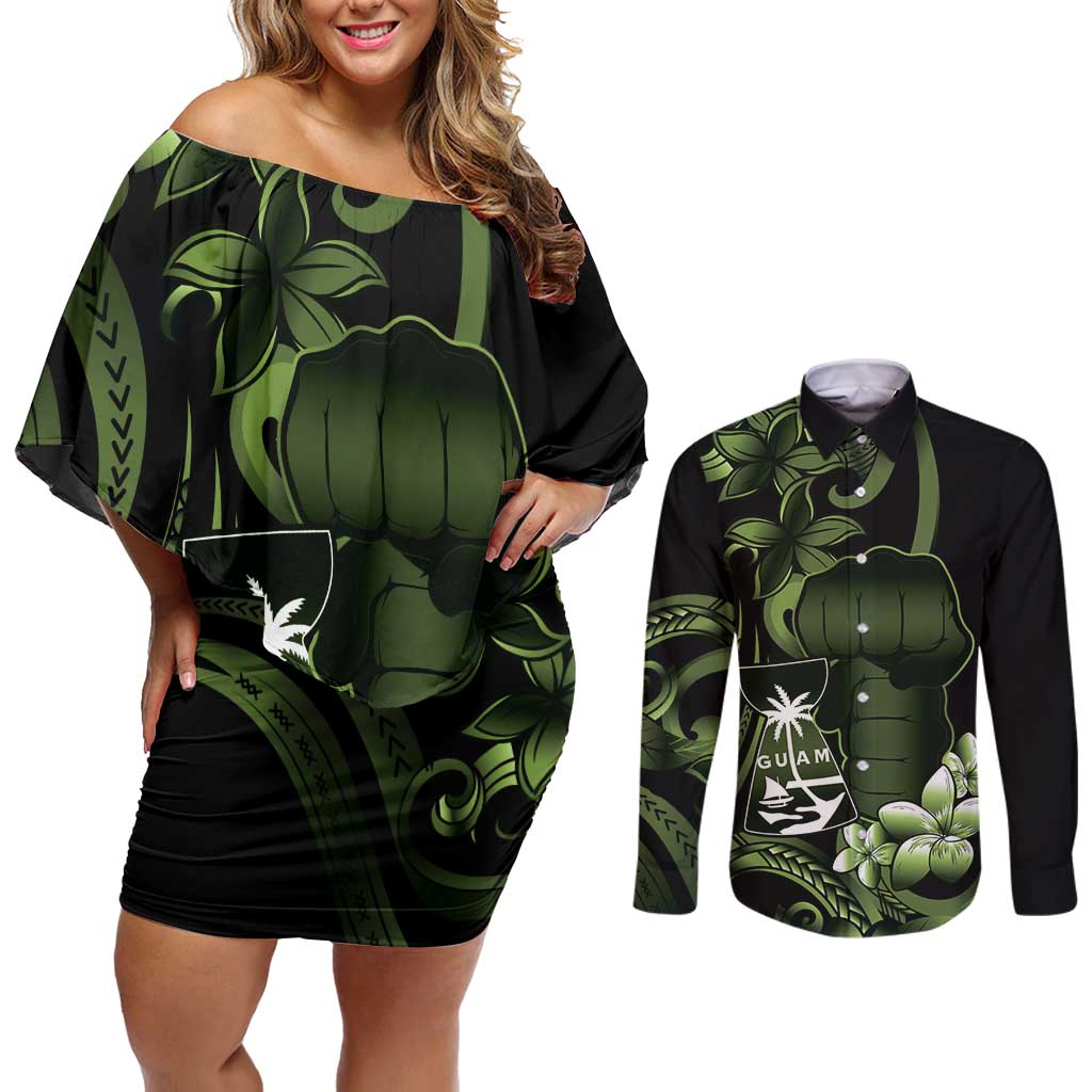Green Hafa Adai Guam Couples Matching Off Shoulder Short Dress and Long Sleeve Button Shirt Chamorro Latte Stone Hand With Plumeria LT14 Green - Polynesian Pride