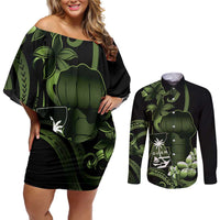Green Hafa Adai Guam Couples Matching Off Shoulder Short Dress and Long Sleeve Button Shirt Chamorro Latte Stone Hand With Plumeria LT14 Green - Polynesian Pride