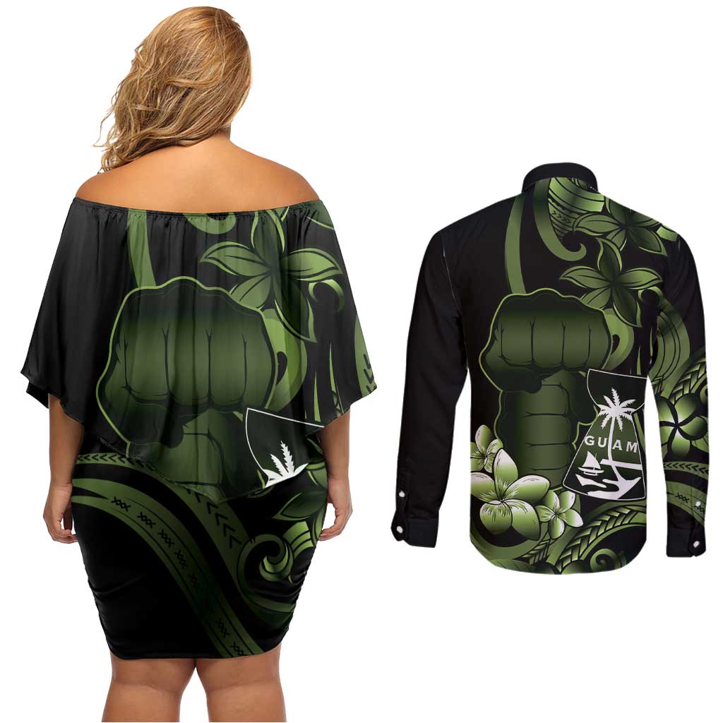 Green Hafa Adai Guam Couples Matching Off Shoulder Short Dress and Long Sleeve Button Shirt Chamorro Latte Stone Hand With Plumeria LT14 - Polynesian Pride