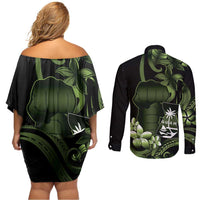 Green Hafa Adai Guam Couples Matching Off Shoulder Short Dress and Long Sleeve Button Shirt Chamorro Latte Stone Hand With Plumeria LT14 - Polynesian Pride
