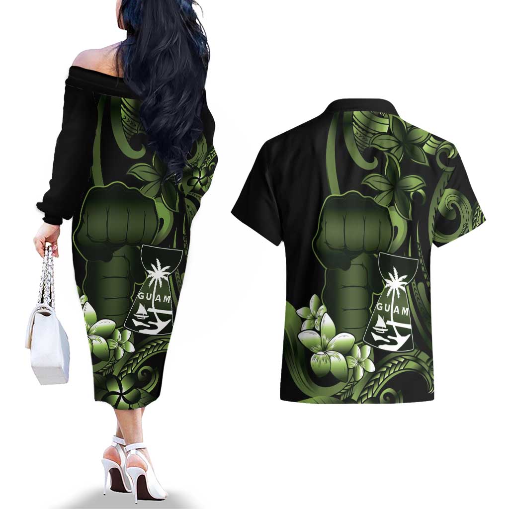 Green Hafa Adai Guam Couples Matching Off The Shoulder Long Sleeve Dress and Hawaiian Shirt Chamorro Latte Stone Hand With Plumeria LT14 - Polynesian Pride