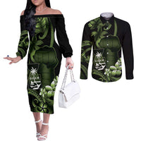Green Hafa Adai Guam Couples Matching Off The Shoulder Long Sleeve Dress and Long Sleeve Button Shirt Chamorro Latte Stone Hand With Plumeria LT14 Green - Polynesian Pride