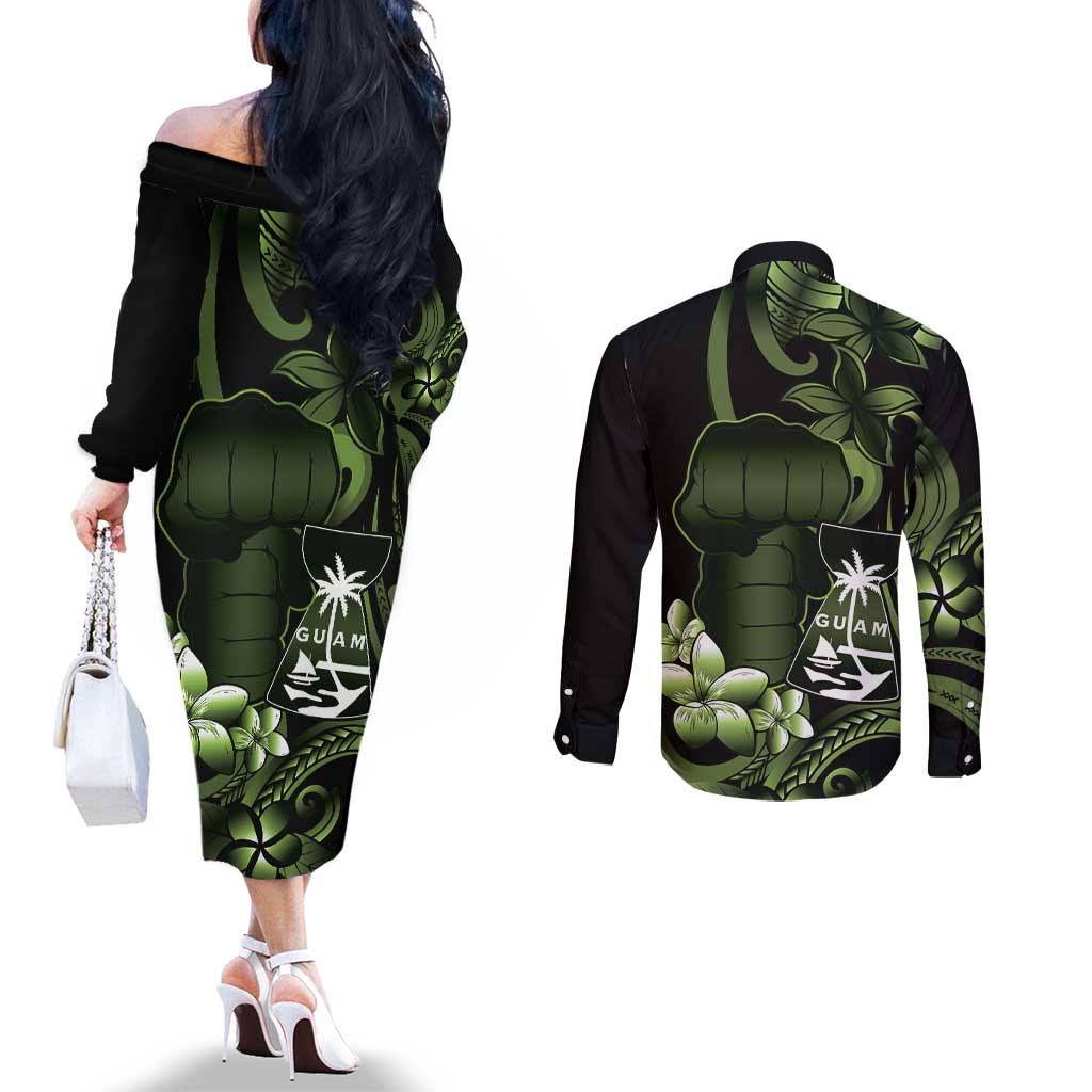 Green Hafa Adai Guam Couples Matching Off The Shoulder Long Sleeve Dress and Long Sleeve Button Shirt Chamorro Latte Stone Hand With Plumeria LT14 - Polynesian Pride
