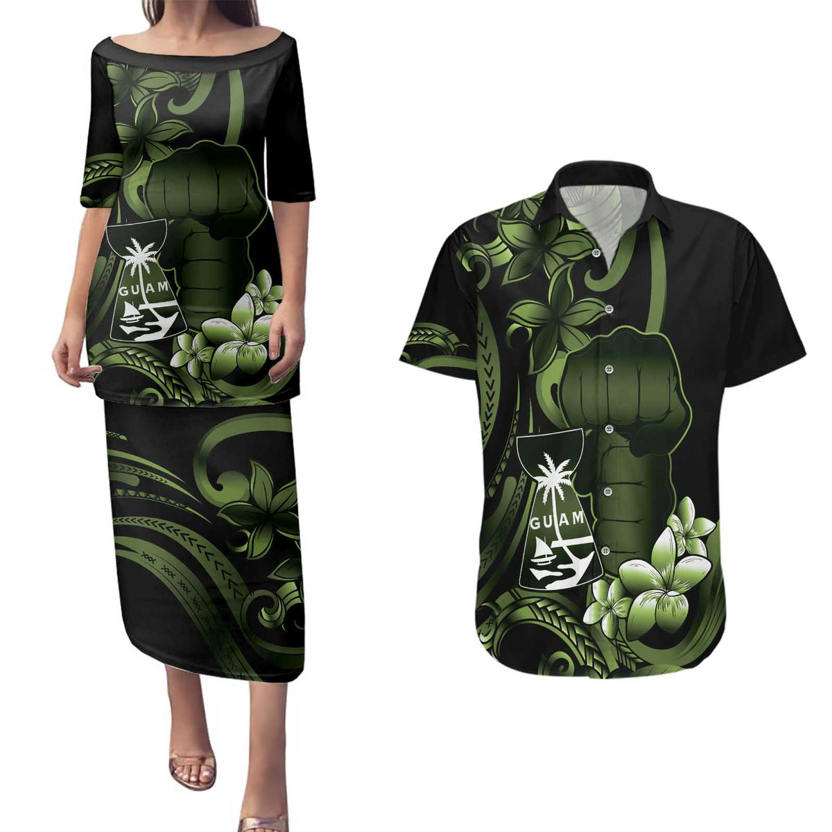 Green Hafa Adai Guam Couples Matching Puletasi and Hawaiian Shirt Chamorro Latte Stone Hand With Plumeria LT14 Green - Polynesian Pride