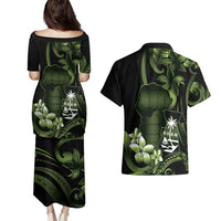 Green Hafa Adai Guam Couples Matching Puletasi and Hawaiian Shirt Chamorro Latte Stone Hand With Plumeria LT14 - Polynesian Pride