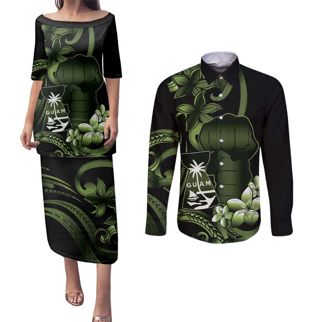 Green Hafa Adai Guam Couples Matching Puletasi and Long Sleeve Button Shirt Chamorro Latte Stone Hand With Plumeria