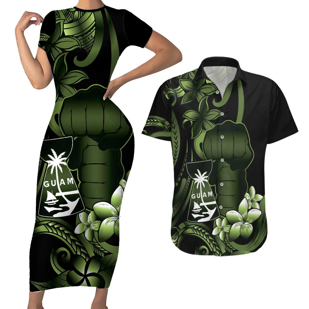 Green Hafa Adai Guam Couples Matching Short Sleeve Bodycon Dress and Hawaiian Shirt Chamorro Latte Stone Hand With Plumeria LT14 Green - Polynesian Pride