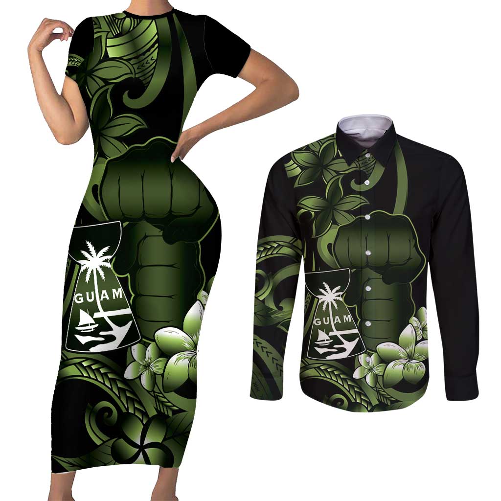 Green Hafa Adai Guam Couples Matching Short Sleeve Bodycon Dress and Long Sleeve Button Shirt Chamorro Latte Stone Hand With Plumeria LT14 Green - Polynesian Pride