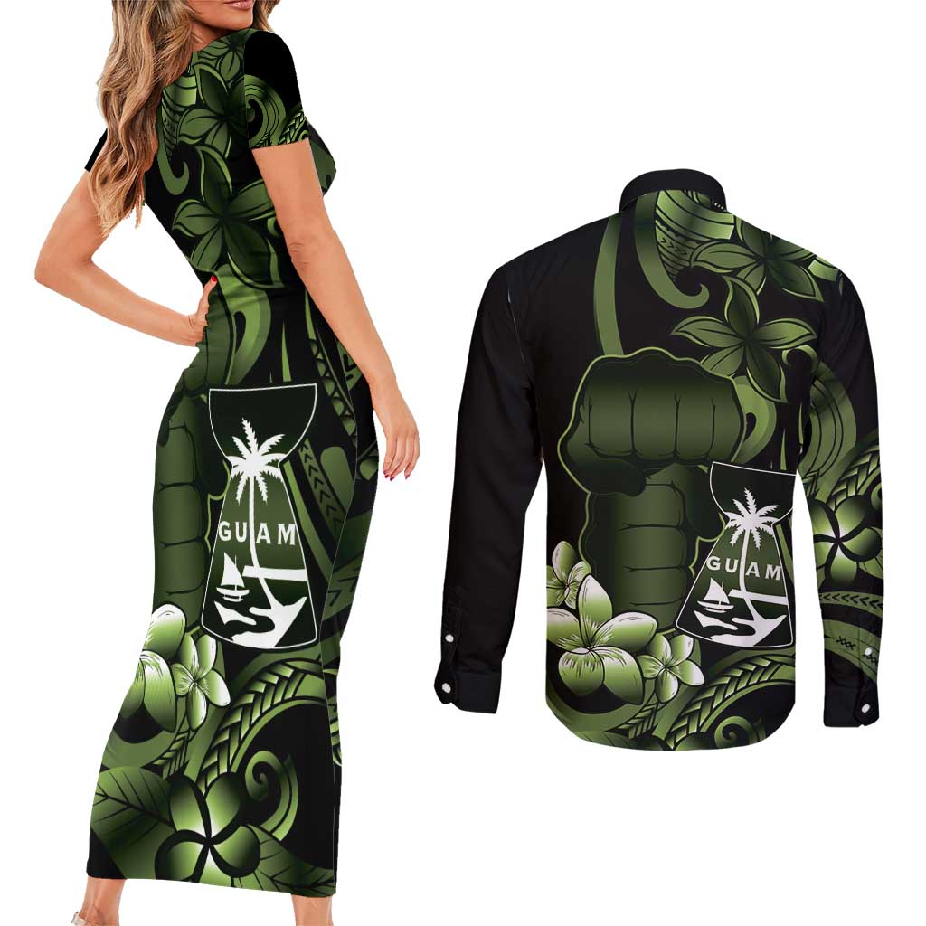 Green Hafa Adai Guam Couples Matching Short Sleeve Bodycon Dress and Long Sleeve Button Shirt Chamorro Latte Stone Hand With Plumeria LT14 - Polynesian Pride