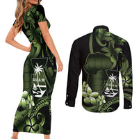 Green Hafa Adai Guam Couples Matching Short Sleeve Bodycon Dress and Long Sleeve Button Shirt Chamorro Latte Stone Hand With Plumeria LT14 - Polynesian Pride