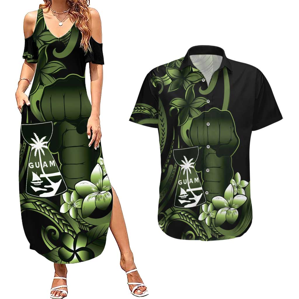 Green Hafa Adai Guam Couples Matching Summer Maxi Dress and Hawaiian Shirt Chamorro Latte Stone Hand With Plumeria LT14 Green - Polynesian Pride