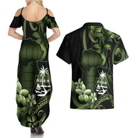 Green Hafa Adai Guam Couples Matching Summer Maxi Dress and Hawaiian Shirt Chamorro Latte Stone Hand With Plumeria LT14 - Polynesian Pride