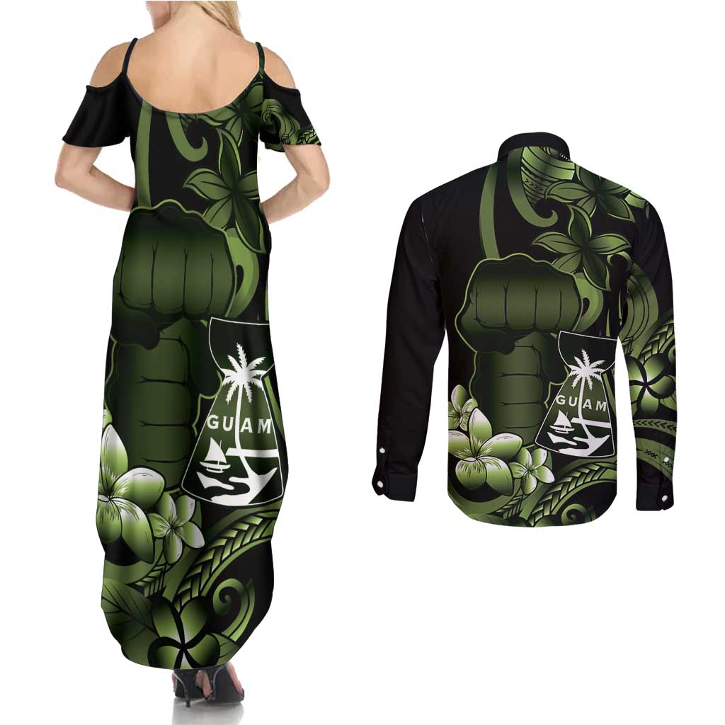 Green Hafa Adai Guam Couples Matching Summer Maxi Dress and Long Sleeve Button Shirt Chamorro Latte Stone Hand With Plumeria LT14 - Polynesian Pride