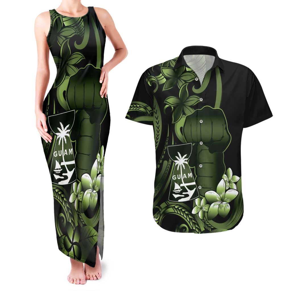Green Hafa Adai Guam Couples Matching Tank Maxi Dress and Hawaiian Shirt Chamorro Latte Stone Hand With Plumeria LT14 Green - Polynesian Pride