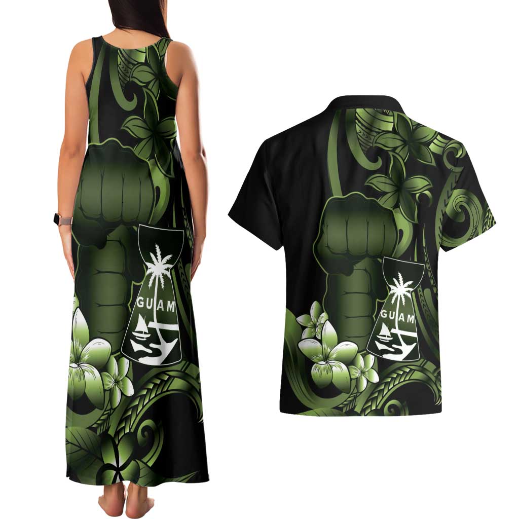 Green Hafa Adai Guam Couples Matching Tank Maxi Dress and Hawaiian Shirt Chamorro Latte Stone Hand With Plumeria LT14 - Polynesian Pride
