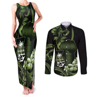 Green Hafa Adai Guam Couples Matching Tank Maxi Dress and Long Sleeve Button Shirt Chamorro Latte Stone Hand With Plumeria LT14 Green - Polynesian Pride