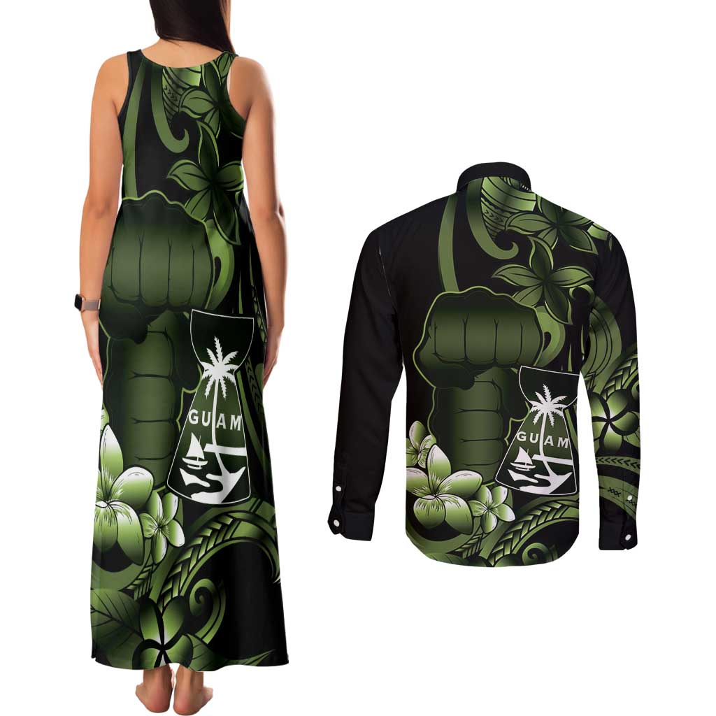 Green Hafa Adai Guam Couples Matching Tank Maxi Dress and Long Sleeve Button Shirt Chamorro Latte Stone Hand With Plumeria LT14 - Polynesian Pride