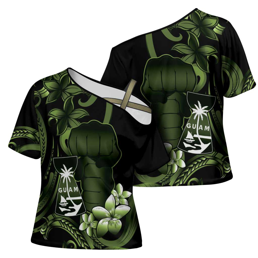 Green Hafa Adai Guam Cross Shoulder Shirt Chamorro Latte Stone Hand With Plumeria - Polynesian Pride