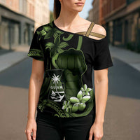 Green Hafa Adai Guam Cross Shoulder Shirt Chamorro Latte Stone Hand With Plumeria - Polynesian Pride