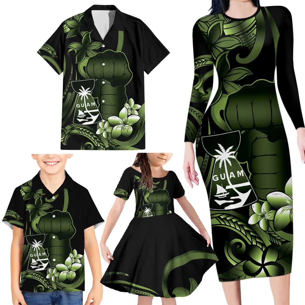 Green Hafa Adai Guam Family Matching Long Sleeve Bodycon Dress and Hawaiian Shirt Chamorro Latte Stone Hand With Plumeria LT14 - Polynesian Pride
