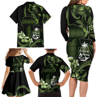 Green Hafa Adai Guam Family Matching Long Sleeve Bodycon Dress and Hawaiian Shirt Chamorro Latte Stone Hand With Plumeria LT14 - Polynesian Pride