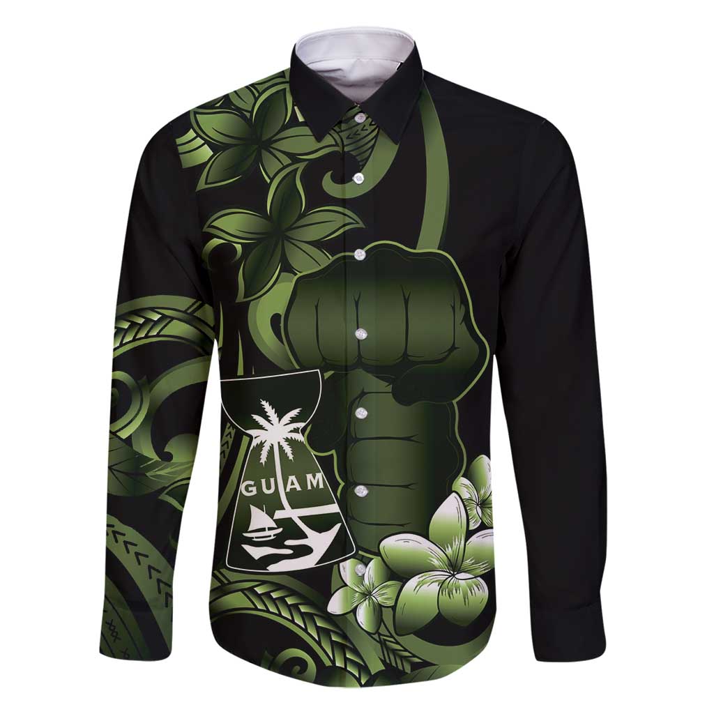 Green Hafa Adai Guam Family Matching Long Sleeve Bodycon Dress and Hawaiian Shirt Chamorro Latte Stone Hand With Plumeria LT14 Dad's Shirt - Long Sleeve Green - Polynesian Pride