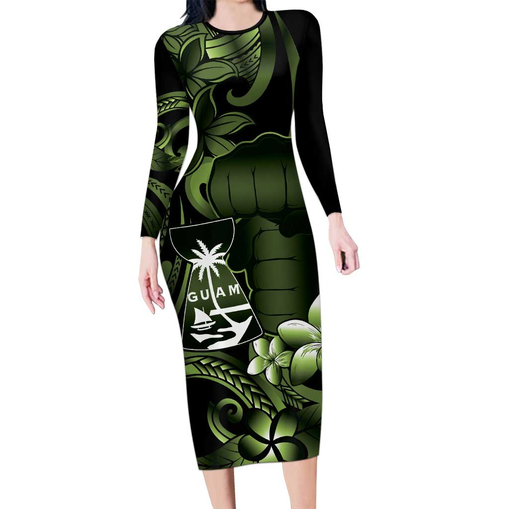 Green Hafa Adai Guam Family Matching Long Sleeve Bodycon Dress and Hawaiian Shirt Chamorro Latte Stone Hand With Plumeria LT14 Mom's Dress Green - Polynesian Pride