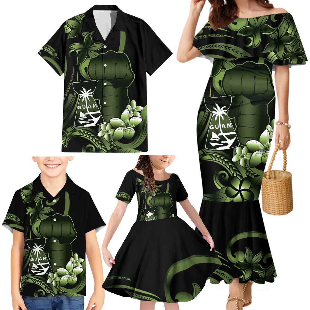 Green Hafa Adai Guam Family Matching Mermaid Dress and Hawaiian Shirt Chamorro Latte Stone Hand With Plumeria LT14 - Polynesian Pride