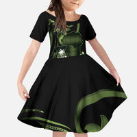 Green Hafa Adai Guam Family Matching Off Shoulder Maxi Dress and Hawaiian Shirt Chamorro Latte Stone Hand With Plumeria LT14 Daughter's Dress Green - Polynesian Pride