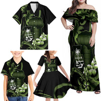Green Hafa Adai Guam Family Matching Off Shoulder Maxi Dress and Hawaiian Shirt Chamorro Latte Stone Hand With Plumeria LT14 - Polynesian Pride