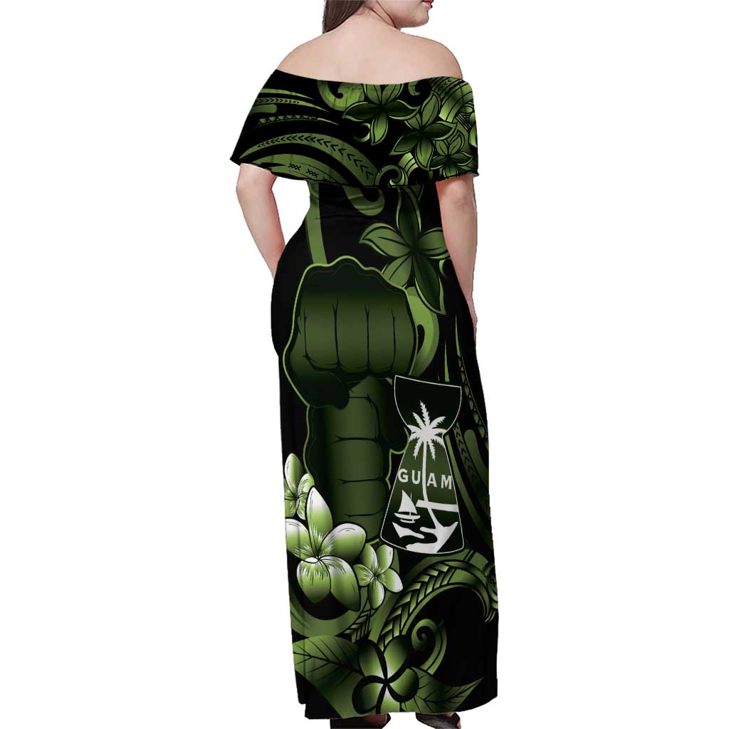Green Hafa Adai Guam Family Matching Off Shoulder Maxi Dress and Hawaiian Shirt Chamorro Latte Stone Hand With Plumeria LT14 - Polynesian Pride
