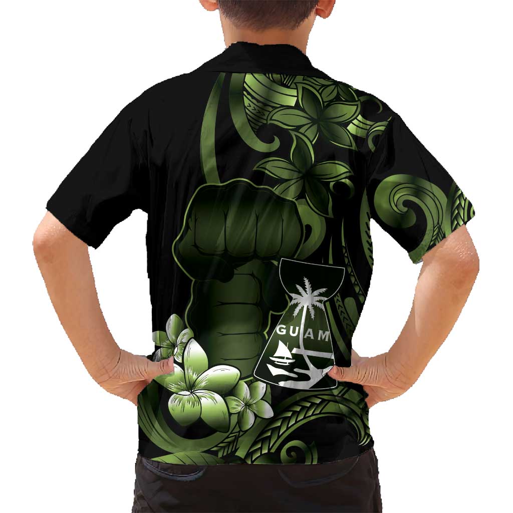 Green Hafa Adai Guam Family Matching Off Shoulder Short Dress and Hawaiian Shirt Chamorro Latte Stone Hand With Plumeria LT14 - Polynesian Pride