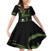 Green Hafa Adai Guam Family Matching Off Shoulder Short Dress and Hawaiian Shirt Chamorro Latte Stone Hand With Plumeria LT14 Daughter's Dress Green - Polynesian Pride