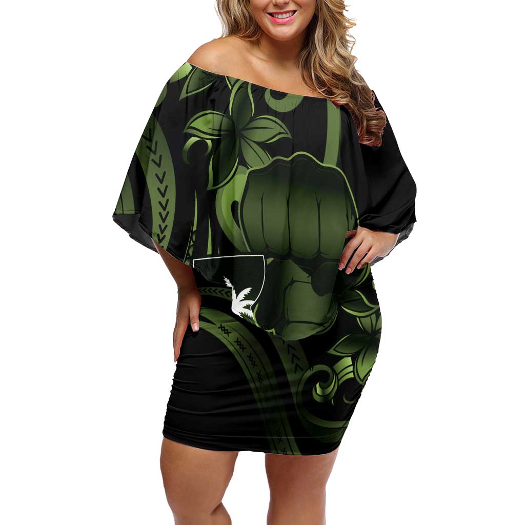 Green Hafa Adai Guam Family Matching Off Shoulder Short Dress and Hawaiian Shirt Chamorro Latte Stone Hand With Plumeria LT14 Mom's Dress Green - Polynesian Pride