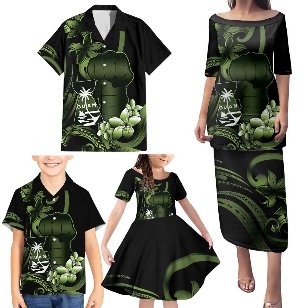 Green Hafa Adai Guam Family Matching Puletasi and Hawaiian Shirt Chamorro Latte Stone Hand With Plumeria LT14 - Polynesian Pride