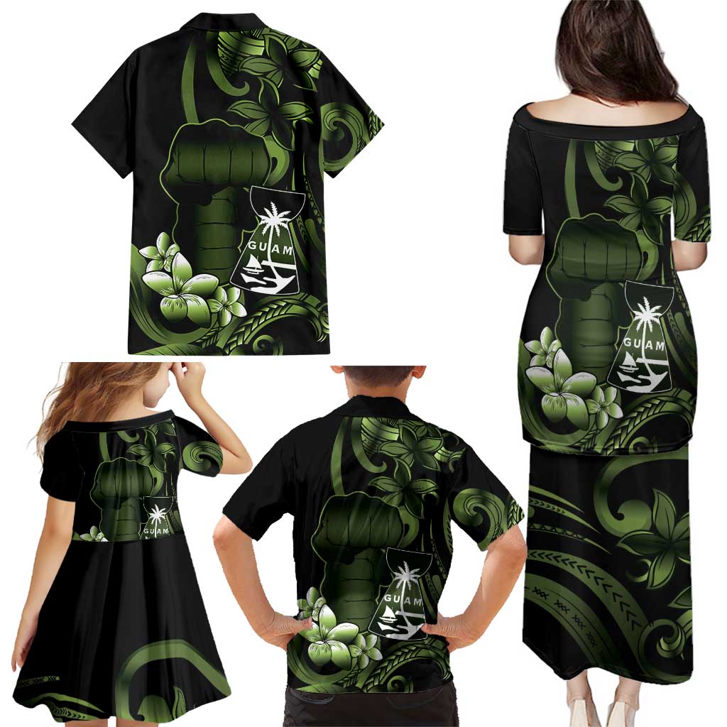 Green Hafa Adai Guam Family Matching Puletasi and Hawaiian Shirt Chamorro Latte Stone Hand With Plumeria LT14 - Polynesian Pride