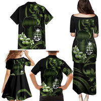 Green Hafa Adai Guam Family Matching Puletasi and Hawaiian Shirt Chamorro Latte Stone Hand With Plumeria LT14 - Polynesian Pride